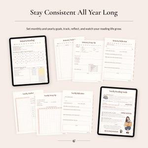 May include: A digital reading planner set featuring multiple pages including January Reading, January Wrap Up, January Reflection, Yearly Tracker, Yearly Wrap Up, Yearly Reflection, and Yearly Reading Goals with text and illustrations.