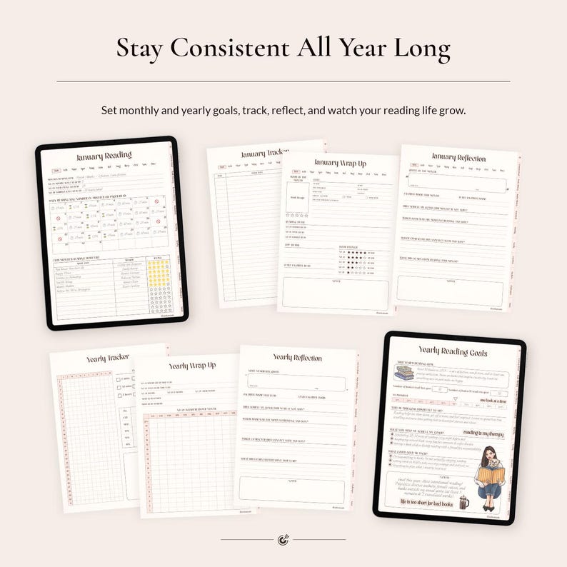 May include: A digital reading planner set featuring multiple pages including January Reading, January Wrap Up, January Reflection, Yearly Tracker, Yearly Wrap Up, Yearly Reflection, and Yearly Reading Goals with text and illustrations.