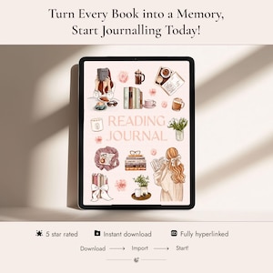 May include: A digital tablet displaying a reading journal cover with the text 'READING JOURNAL'. The screen features illustrations of books, coffee, flowers, eyeglasses, and people reading. Above the tablet, the text reads 'Turn Every Book into a Memory, Start Journalling Today!'