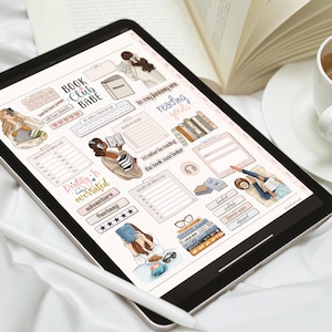 May include: A digital planner on a tablet with a "Book Club Babe" theme. The planner includes illustrations of people reading, book stacks, and the text "Reality is overrated." A stylus and a cup of coffee are also visible.