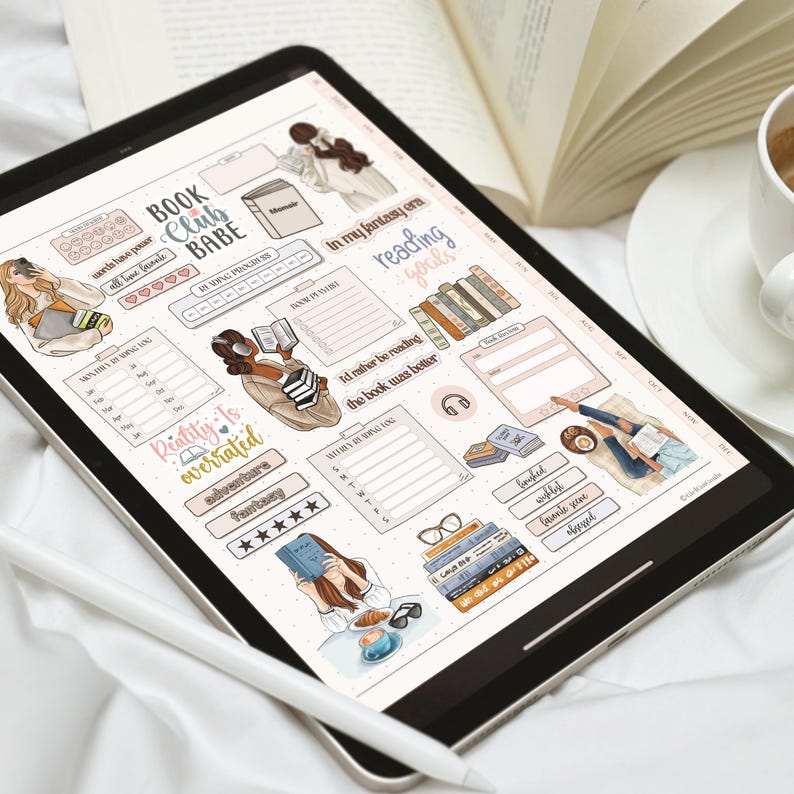 May include: A digital planner on a tablet with a "Book Club Babe" theme. The planner includes illustrations of people reading, book stacks, and the text "Reality is overrated." A stylus and a cup of coffee are also visible.