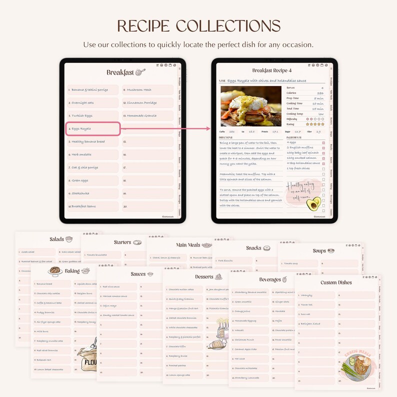 K&ouml;nnte beinhalten: Ein digitaler Rezeptsammlungs-Planer, dargestellt auf zwei Tablets und mehreren gestapelten Seiten. Die Benutzeroberfl&auml;che zeigt Kategorien wie Breakfast, Salads und Desserts mit nummerierten Listen, Essensillustrationen und einer detaillierten Rezeptseite.