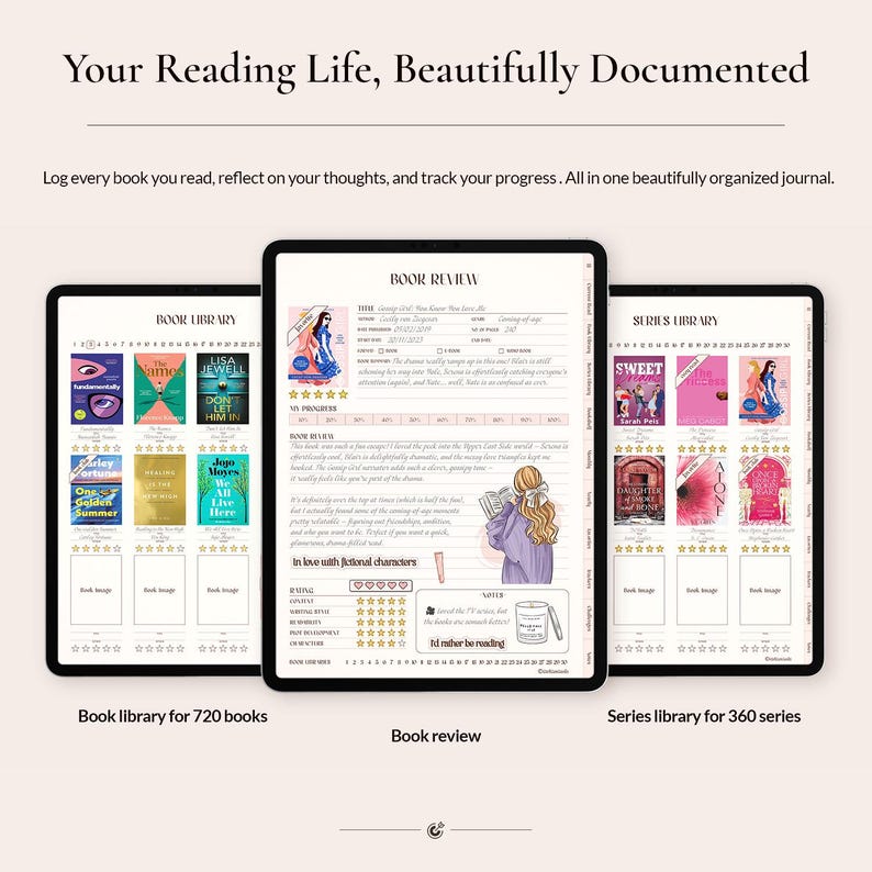 May include: A digital reading journal displayed on three tablet screens. The left screen shows a book library, the center screen displays a detailed book review page with text and illustrations, and the right screen shows a series library for tracking.