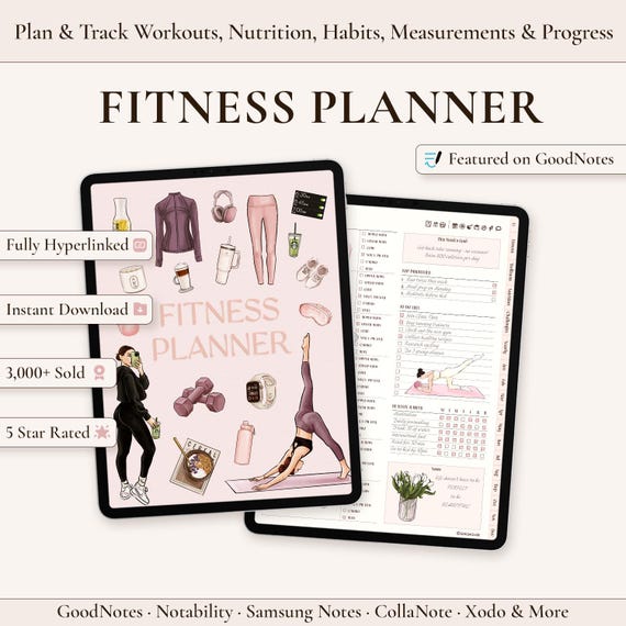 Digital Fitness Planner: Workouts, Meals, Weight Loss Journal & Habit Tracker for Goodnotes and iPad