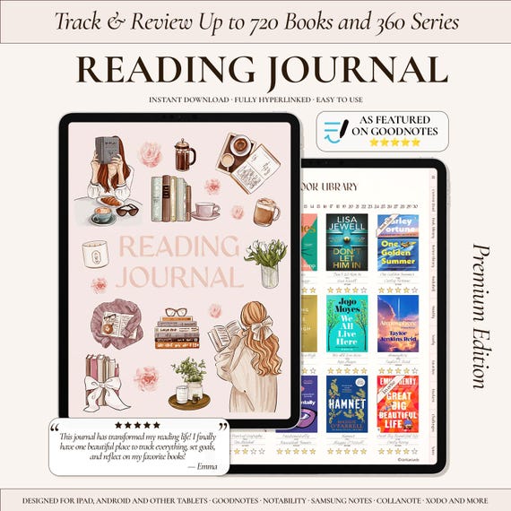 Digital Reading Journal, Book Log, Review Tracker & Bookshelf for iPad, Android, Kindle Scribe, Surface Pro, GoodNotes, Notability and More