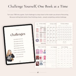 May include: A digital reading challenge planner displayed on a tablet screen and printed pages. The interface features lists like 10, 25, 50, 100, and 200 books challenges, A to Z, and genre challenges, accompanied by an illustration of a person holding books.