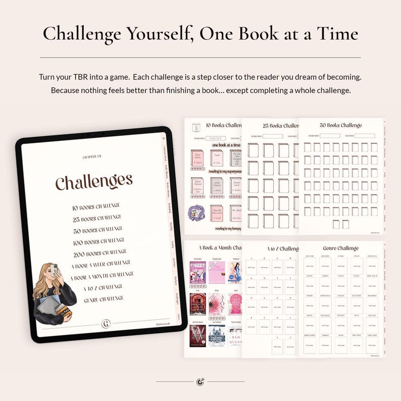 May include: A digital reading challenge planner displayed on a tablet screen and printed pages. The interface features lists like 10, 25, 50, 100, and 200 books challenges, A to Z, and genre challenges, accompanied by an illustration of a person holding books.