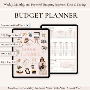 Könnte beinhalten: Ein digitaler Budgetplaner auf zwei Tablet-Bildschirmen. Das Cover zeigt Illustrationen eines Laptops, Kaffee, Blumen und einer Person mit dem Text BUDGET PLANNER. Der zweite Bildschirm zeigt eine jährliche Übersichtstabelle zur Finanzplanung.