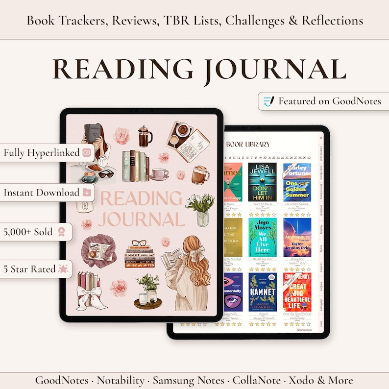 May include: A digital reading journal displayed on two tablets. The cover features illustrations of books, coffee, and a person reading. The interior page shows a book library grid with book covers, star ratings, and text labels for tracking.