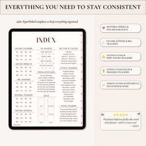 May include: A digital tablet displaying a financial planner index with sections for monthly calendars, budgets, bill trackers, spending trackers, and savings challenges. The screen features text lists and navigation tabs along the right side.