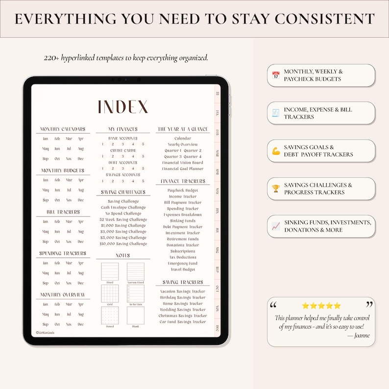May include: A digital tablet displaying a financial planner index with sections for monthly calendars, budgets, bill trackers, spending trackers, and savings challenges. The screen features text lists and navigation tabs along the right side.