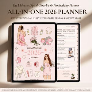 Può includere: Un'agenda digitale per il 2026, visualizzata su due tablet. L'agenda presenta illustrazioni di articoli per la cura di sé in rosa e bianco, con il testo "The Ultimate Digital Glow-Up & Productivity Planner" e "ALL-IN-ONE 2026 PLANNER".