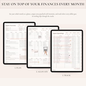 May include: Three digital tablet screens displaying financial planning templates. The screens show August Overview, August Paycheck 2, and August Spendings with tables, text, and icons for tracking income, expenses, and savings goals in a clean layout.