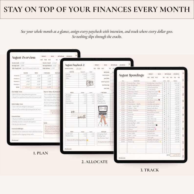 May include: Three digital tablet screens displaying financial planning templates. The screens show August Overview, August Paycheck 2, and August Spendings with tables, text, and icons for tracking income, expenses, and savings goals in a clean layout.
