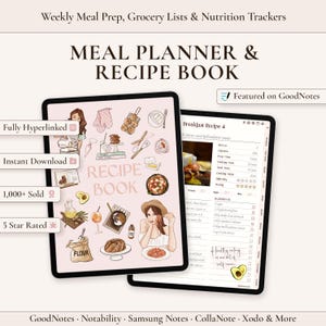 K&ouml;nnte beinhalten: Ein digitaler Essensplaner und ein Rezeptbuch auf zwei Tablet-Bildschirmen. Das Cover zeigt Illustrationen von Lebensmitteln, K&uuml;chenutensilien und Personen mit dem Text RECIPE BOOK. Die Innenseite zeigt ein Fr&uuml;hst&uuml;cksrezept mit Feldern f&uuml;r Zutaten, Kochzeit und N&auml;hrwertangaben sowie Text &uuml;ber gesunde Ern&auml;hrung.