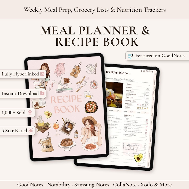 K&ouml;nnte beinhalten: Ein digitaler Essensplaner und ein Rezeptbuch auf zwei Tablet-Bildschirmen. Das Cover zeigt Illustrationen von Lebensmitteln, K&uuml;chenutensilien und Personen mit dem Text RECIPE BOOK. Die Innenseite zeigt ein Fr&uuml;hst&uuml;cksrezept mit Feldern f&uuml;r Zutaten, Kochzeit und N&auml;hrwertangaben sowie Text &uuml;ber gesunde Ern&auml;hrung.