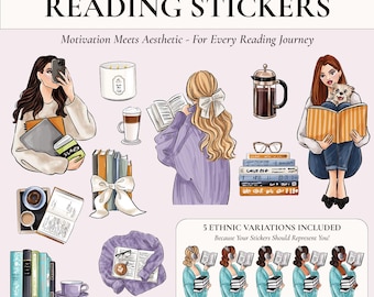 Digital Reading Stickers: Aesthetic Book Journal Stickers for GoodNotes, Book Lover Planner Stickers, iPad Reading Journal PNG
