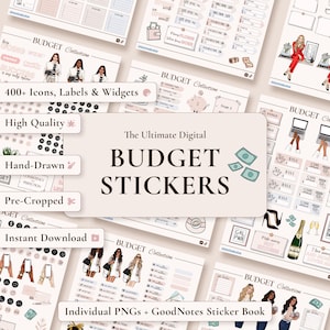 May include: A digital sticker collection for budgeting featuring various sheets with hand-drawn illustrations of people, money, piggy banks, and financial icons. The text reads The Ultimate Digital BUDGET STICKERS, 400+ Icons, Labels & Widgets, High Quality, Hand-Drawn, Pre-Cropped, Instant Download, and Individual PNGs + GoodNotes Sticker Book.