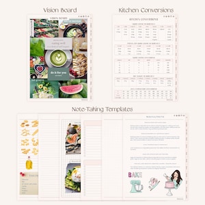 K&ouml;nnte beinhalten: Ein digitales Planer-Set mit einem Vision Board mit Lebensmittelbildern und motivierendem Text, einer K&uuml;chenumrechnungstabelle mit Fl&uuml;ssigkeits- und Trockenma&szlig;en sowie Notizvorlagen mit Backfakten, Illustrationen und linierten Seiten.