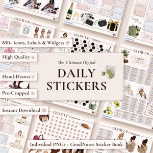 Könnte beinhalten: Eine digitale Sticker-Sammlung mit handgezeichneten Illustrationen von Lifestyle-Elementen, Tagesplanern und Wellness-Symbolen. Das Set enthält Etiketten, Widgets und Kalenderdaten mit dem Text The Ultimate Digital DAILY STICKERS.