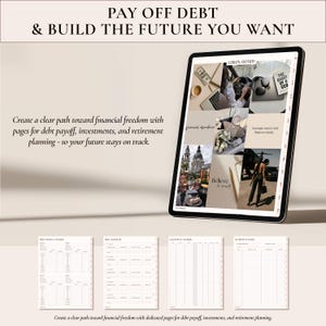 May include: A digital tablet displaying a vision board with lifestyle imagery and text, accompanied by four separate financial planning templates. The text reads: PAY OFF DEBT & BUILD THE FUTURE YOU WANT, and Create a clear path toward financial freedom.