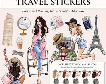 May include: Digital travel stickers with illustrations of landmarks, travel accessories, and stylish figures. The text reads "Hand-Drawn Digital TRAVEL STICKERS" and "Turn Travel Planning Into a Beautiful Adventure." Includes 5 ethnic variations.
