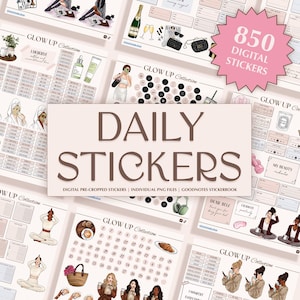 Può includere: Una collezione di adesivi digitali con una grafica a stella rosa che dice "850 DIGITAL STICKERS". Gli adesivi sono a tema cura di sé, bellezza e pianificazione quotidiana, con illustrazioni e testo come "Daily Stickers" e "Glow Up Collection".