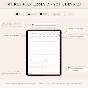 May include: A digital planner interface displayed on a tablet screen, featuring a monthly calendar for August with hyperlinked tabs for paycheck and weekly budgets, monthly templates, and an index page, compatible with various note-taking applications.