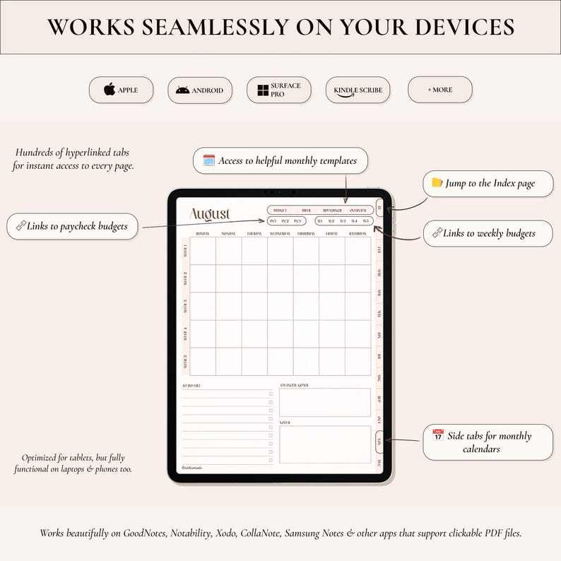 May include: A digital planner interface displayed on a tablet screen, featuring a monthly calendar for August with hyperlinked tabs for paycheck and weekly budgets, monthly templates, and an index page, compatible with various note-taking applications.