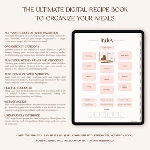 K&ouml;nnte beinhalten: Ein digitales Rezeptbuch auf einem Tablet-Bildschirm mit einer Indexseite, die kategorisierte Schaltfl&auml;chen f&uuml;r Fr&uuml;hst&uuml;ck, Hauptgerichte, Salate, Suppen, Snacks, Desserts, Backen, Saucen und Getr&auml;nke sowie Tools zur Essensplanung enth&auml;lt.