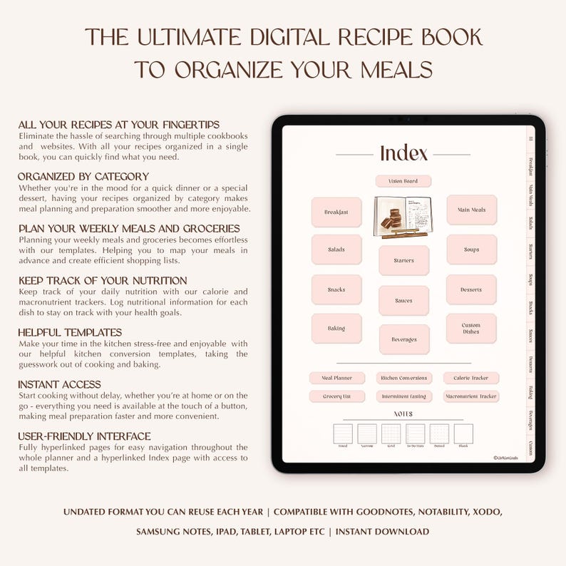 K&ouml;nnte beinhalten: Ein digitales Rezeptbuch auf einem Tablet-Bildschirm mit einer Indexseite, die kategorisierte Schaltfl&auml;chen f&uuml;r Fr&uuml;hst&uuml;ck, Hauptgerichte, Salate, Suppen, Snacks, Desserts, Backen, Saucen und Getr&auml;nke sowie Tools zur Essensplanung enth&auml;lt.