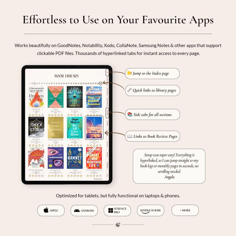 May include: A digital tablet displaying a book library interface with clickable PDF tabs. The screen shows book covers, a numbered index, and side navigation. Text includes 'Effortless to Use on Your Favourite Apps' and 'Setup was super easy! Everything is hyperlinked, so I can jump straight to my book logs or monthly pages in seconds, no scrolling needed. Angela'.