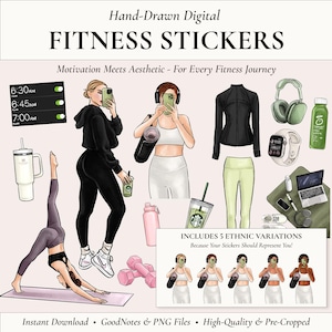 Pode incluir: Autocolantes digitais de fitness com ilustrações desenhadas à mão de equipamentos e figuras de treino. Inclui um casaco preto, leggings, auscultadores, garrafas de água e um portátil. O texto diz "FITNESS STICKERS".