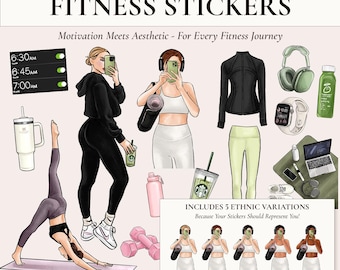 Digital Fitness Stickers - Workout Planner Stickers, Hand Drawn, Gym, Self-Care & Motivation, PNG + GoodNotes File