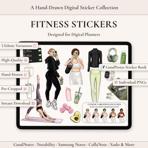 Può includere: Una collezione di adesivi digitali intitolata Fitness Stickers progettata per i planner digitali. Il set include illustrazioni disegnate a mano di persone in abbigliamento sportivo, pose yoga, attrezzature da palestra, borracce, cuffie e metà avocado.