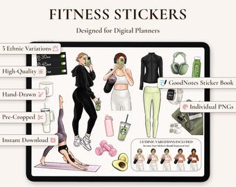 Autocollants numériques de remise en forme - autocollants de planificateur d'entraînement, dessinés à la main, salle de sport, soins personnels et motivation, PNG + fichier GoodNotes