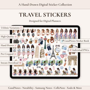 May include: A digital sticker collection titled TRAVEL STICKERS designed for digital planners. The set features hand-drawn illustrations of people in various outfits, travel accessories like cameras, suitcases, passports, and landmarks including the Eiffel Tower.
