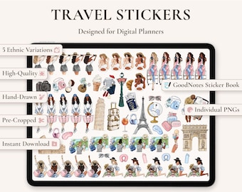 Puede incluir: Una colección de pegatinas digitales titulada TRAVEL STICKERS diseñada para planificadores digitales. El conjunto presenta ilustraciones dibujadas a mano de personas, accesorios de viaje como cámaras, maletas, pasaportes y monumentos como la Torre Eiffel.