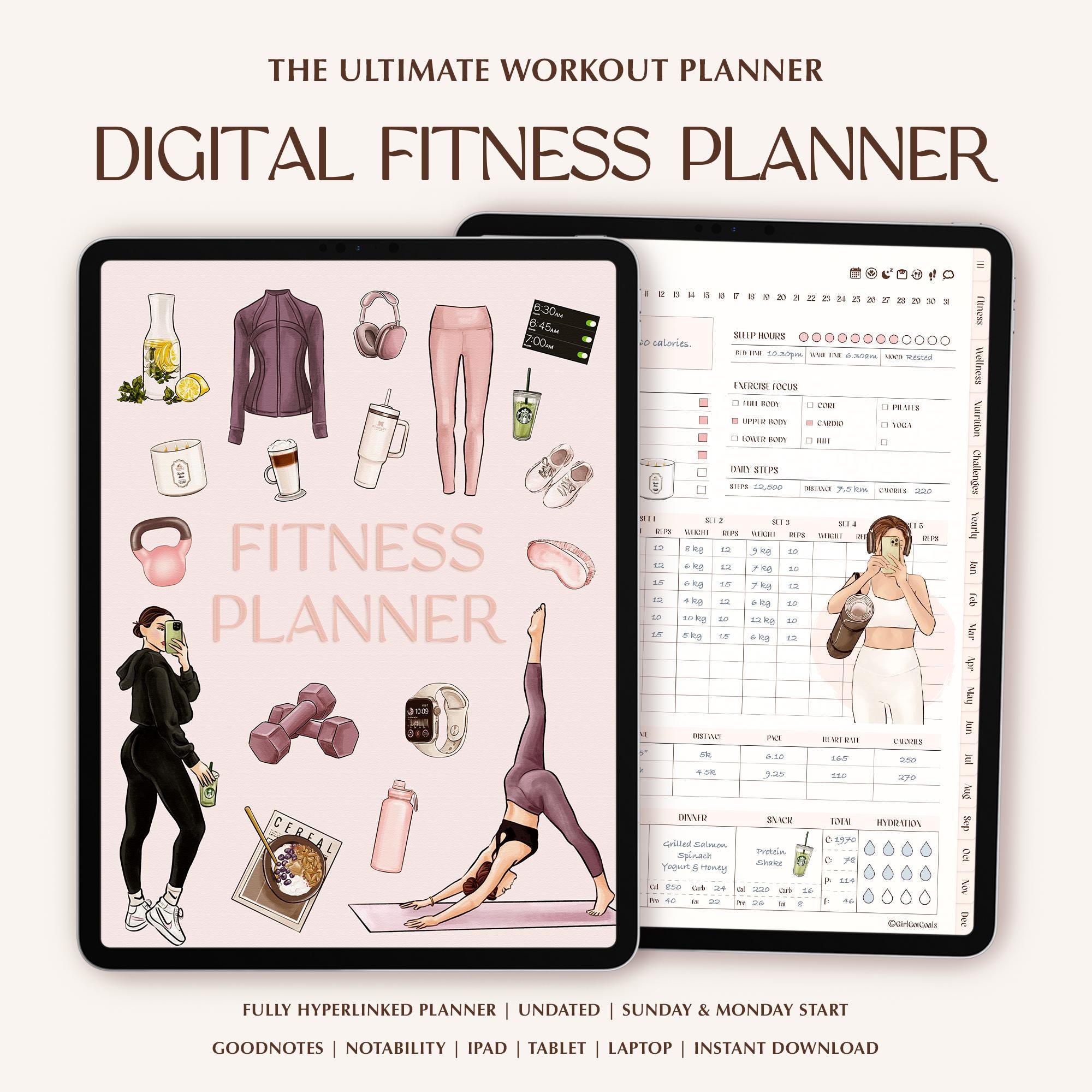 Cyfrowy planer fitness, śledzenie utraty wagi i kondycji, niedatowany dziennik fitness, planer treningów, śledzenie kalorii, planer posiłków, GoodNotes