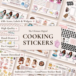 Könnte beinhalten: Eine Sammlung digitaler Kochaufkleber mit handgezeichneten Illustrationen von Personen, Küchengeräten, Lebensmitteln und Etiketten. Das Set enthält Symbole, Widgets und den Text The Ultimate Digital COOKING STICKERS.
