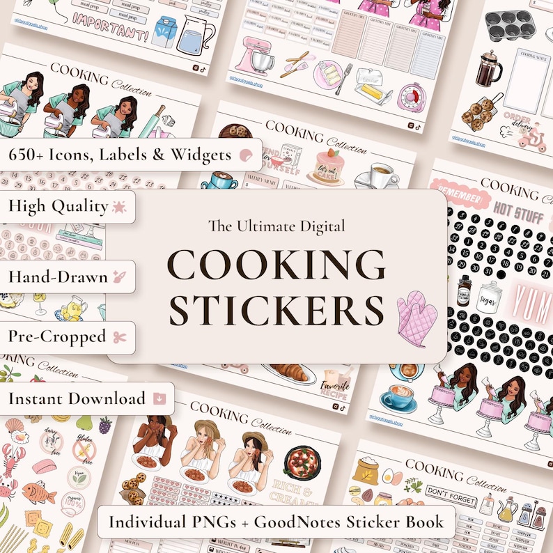 May include: A collection of digital cooking stickers featuring hand-drawn illustrations of people, kitchen appliances, food items, and labels. The set includes icons, widgets, and text elements like The Ultimate Digital COOKING STICKERS.