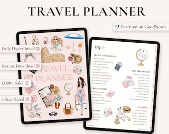 Puede incluir: Un planificador de viajes digital mostrado en dos tabletas, con ilustraciones de artículos de viaje como equipaje, un globo terráqueo y ropa. El texto dice Travel Planner, Trip 1, Travel Information, Travel Budget e Itinerary, con iconos.