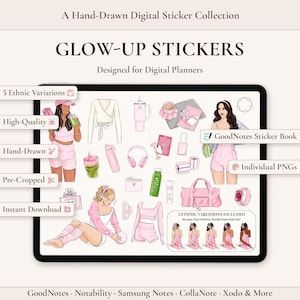 Puede incluir: Una colección de pegatinas digitales titulada GLOW-UP STICKERS que presenta ilustraciones dibujadas a mano de personas, ropa rosa, bolsas de gimnasio, botellas de agua, auriculares y productos de belleza para planificadores digitales.