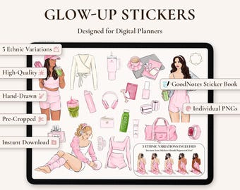 Digital Glow Up Stickers: Self Care Planner Stickers, Hand-Drawn Motivation & Wellness Set for GoodNotes