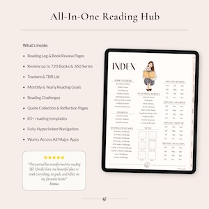 May include: A digital reading journal displayed on a tablet screen, titled All-In-One Reading Hub. The index page features sections for book trackers, reading challenges, and monthly goals, alongside a list of included features like log pages.