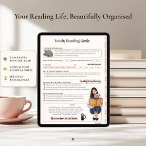 May include: A digital tablet displaying a Yearly Reading Goals planner page with text, a progress bar, and an illustration of a person reading with a dog. The screen features sections for goals, notes, and reading habits, alongside a coffee cup and books.