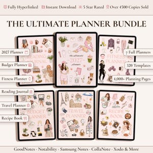 Op de afbeelding: Een digitale plannerbundel met zes tabletschermen die verschillende covers tonen, waaronder Reading Journal, Budget Planner, Fitness Planner, Travel Planner en Recipe Book. De covers bevatten illustraties van mensen, eten en reisartikelen met de tekst THE ULTIMATE PLANNER BUNDLE.