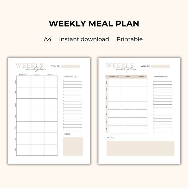 Wöchentlicher Essensplan, wöchentlicher Essensplan, Einkaufsliste, Einkaufsliste, Notizen