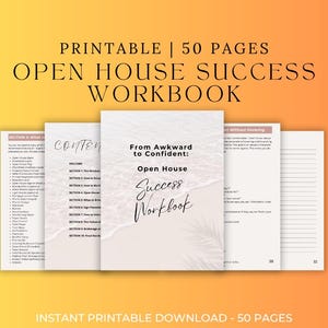Pode incluir: Um caderno imprimível de 50 páginas intitulado "Open House Success Workbook". A capa apresenta o texto "From Awkward to Confident: Open House Success Workbook". O fundo é um gradiente de laranja e amarelo.
