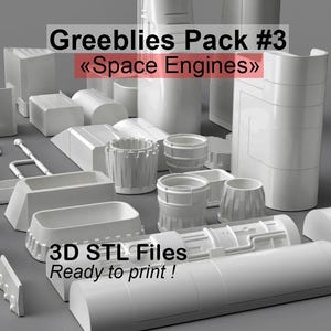 Könnte beinhalten: Ein Satz von 3D-druckbaren Raumfahrt-Triebwerksmodellen. Die Modelle sind weiß und druckfertig. Der Satz enthält eine Vielzahl von Formen und Größen, darunter Rohre, Zylinder und Düsen. Der Text "Greeblies Pack #3 <<Space Engines>>" und "3D STL Files Ready to print!" ist im Bild sichtbar.